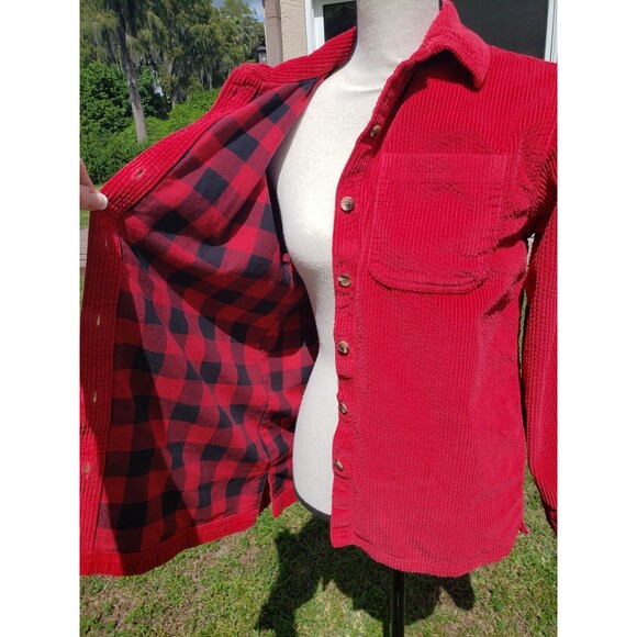 LL Bean Womens Red Corduroy Relaxed Tunic Button Up Flannel Lined Shaket Sz Sml - Picture 4 of 15